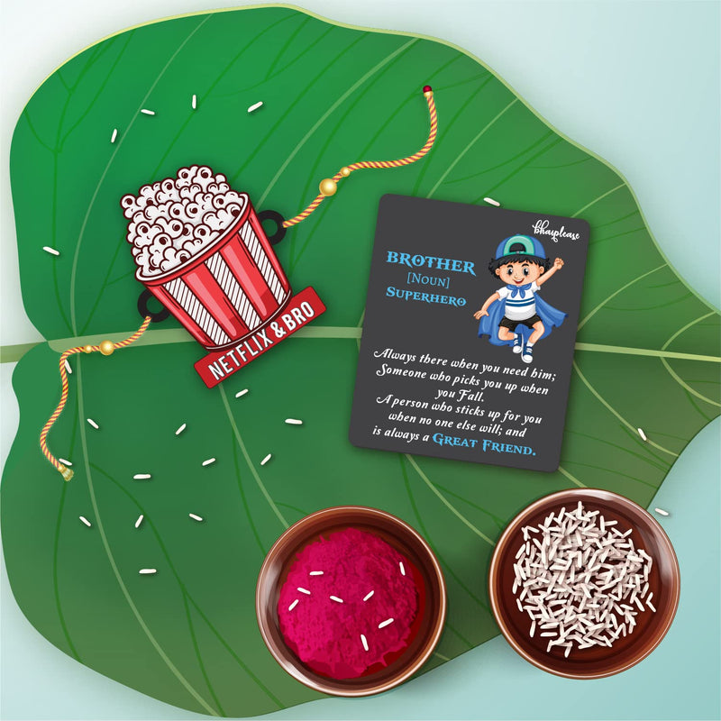 Bhai Please Net-Flix and Bro Wooden Rakhi with Brother is Superhero Fridge Magnet (Gift Combo for Bhai/Bhaiya) | Set of 1 pc Rakhi with Roli- Chawal and Fridge Magnet | With Raksha Bandhan Greetings