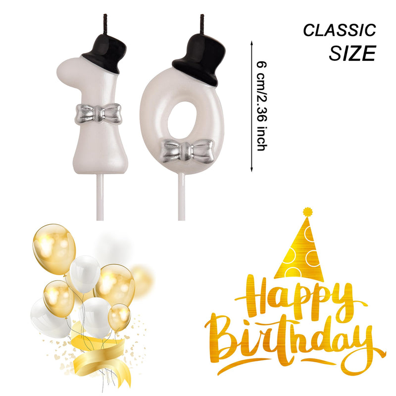 AOOLADA 10th Birthday Candles, White 10 Year Old Number Birthday Candles for Boys Girls, Happy Birthday Party Decorations Cake Topper Gifts for 10th Wedding Anniversary Celebration