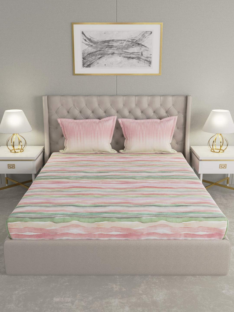 GM Striped 144 TC Pink & Green Printed Cotton Bedsheet with 2 Pillow Covers - Queen