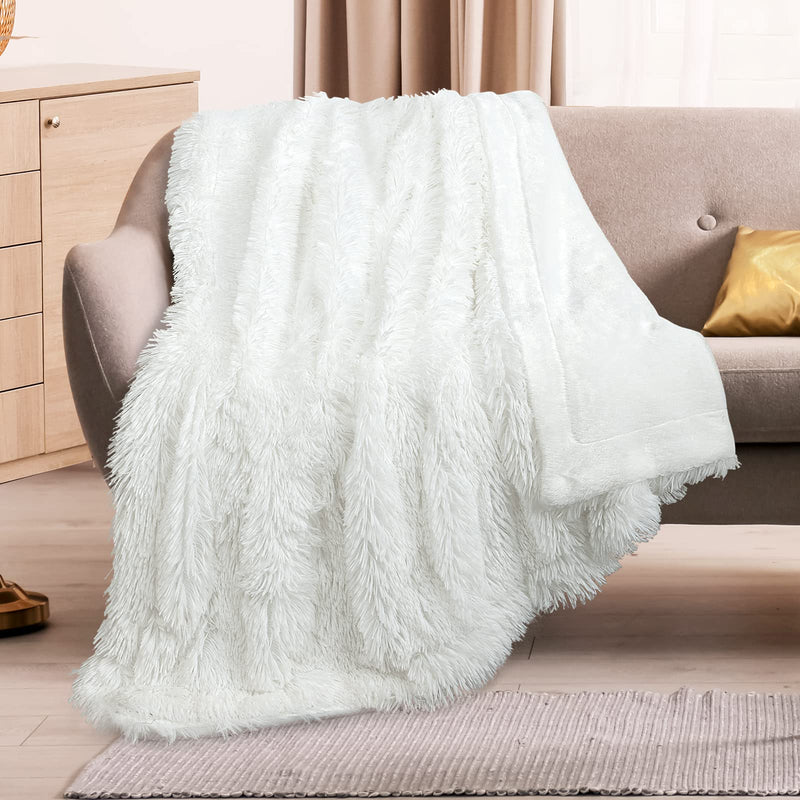 TOONOW Faux Fur Throw Blanket,50''x60'',Ultra Soft and Fluffy Blanket,Cozy Fuzzy Long Hair Shaggy Blanket,Plush Fleece Comfy Microfiber Lightweight Decorative Blanket for Couch Bed Sofa,Pure White