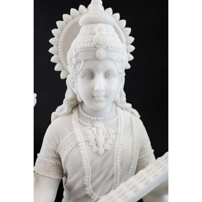 Top Collection 8" H 7" W Saraswati on Swan Statue in White Marble Finish - Hindu Goddess of Knowledge Sculpture