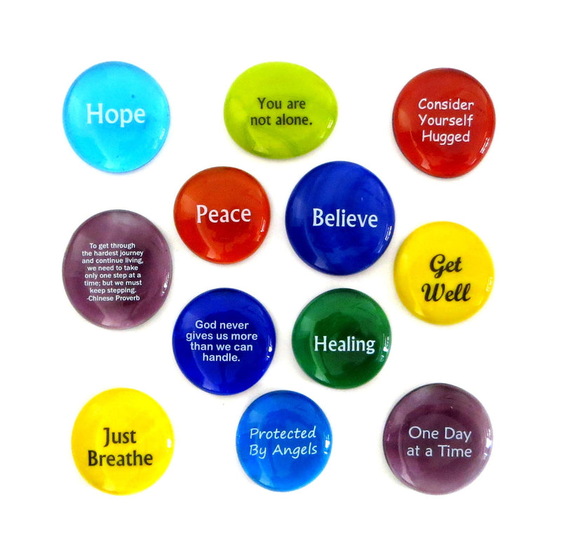 Comfort Stones,12 Encouraging and Comforting Sayings On Glass Stones For Anyone Facing a Challenge Or Illness. By Lifeforce Glass.