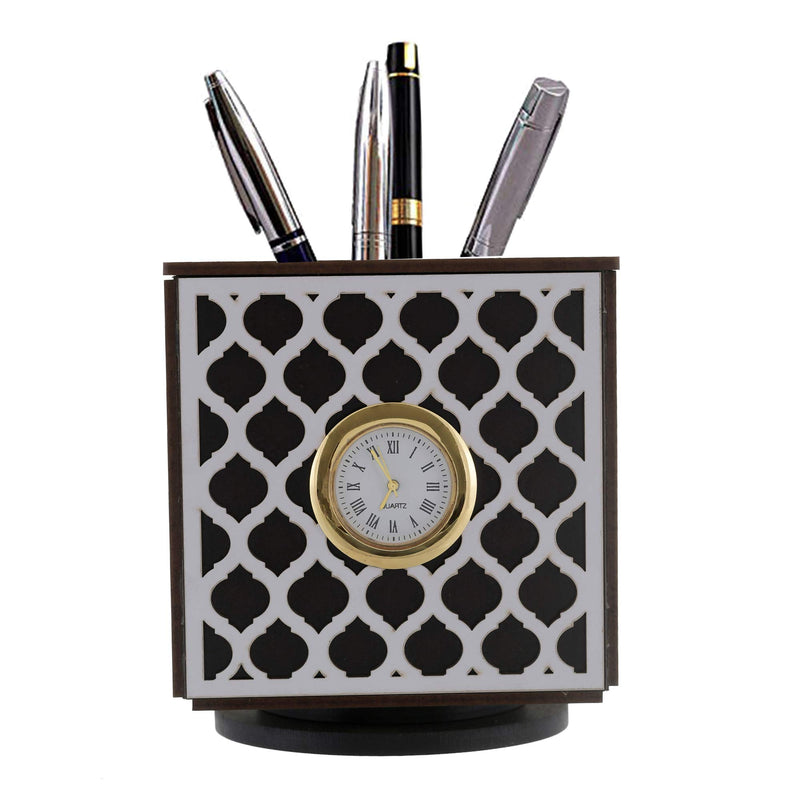 Aditya Handicrafts Geometrical Revolving Pen Stand with Clock (Wood, 11x10 cm)