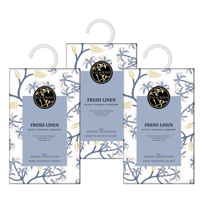 Soul & Scents Fresh Linen Fragrance Sachet | Blend of Tea Tree, Lemongrass, and Peppermint | Versatile Air Freshener for Car, Wardrobe, Kitchen, and Travel Bag | Pack of 3-20gm Each