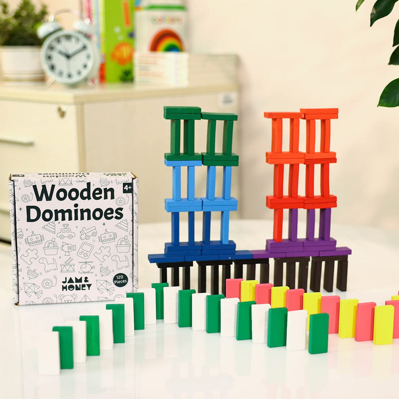 Amazon Brand - Jam & Honey Wooden Blocks/Dominoes Game for Kids - 120 Pieces | Creativity | Education (with Storage Box)