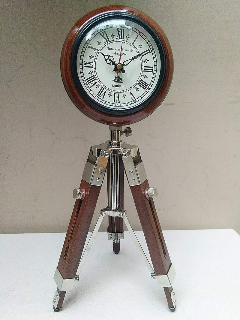 Crafty Hand Antique Nautical Tripod Stand Clock Steel Finish Table Clock Vintage Style Wood