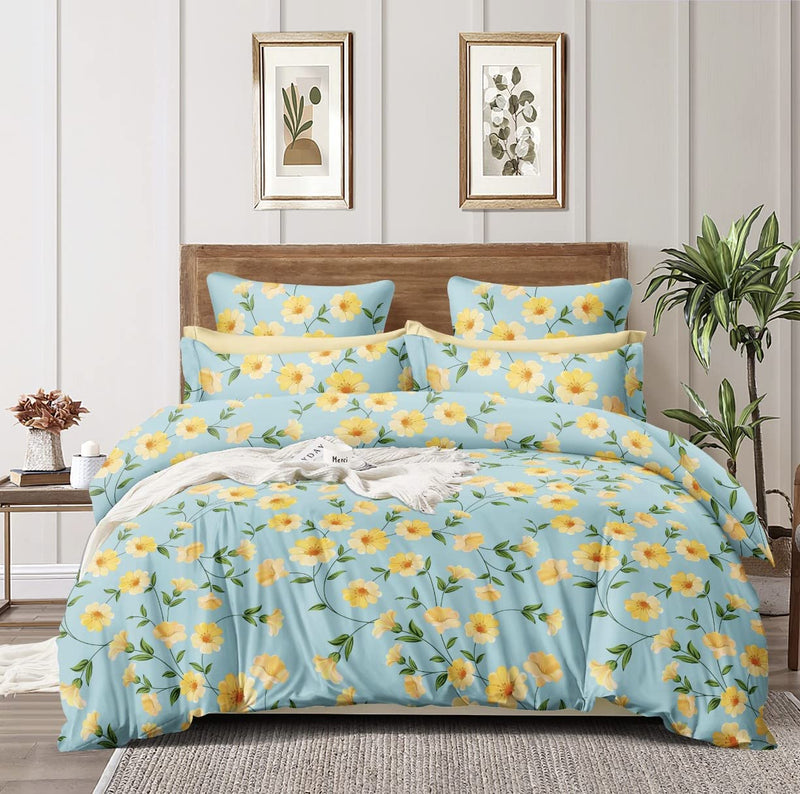 Furnistitchs King Size Bed Cover Elastic Fitted Bedsheet with 2 Pillow Covers (240 X 260 cms, Sky Blue Floral)