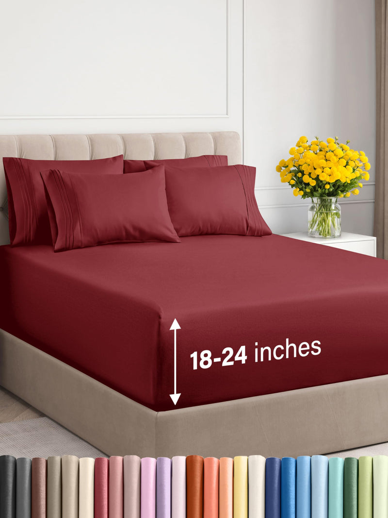 Extra Deep Full Sheet Set - 6 Piece Breathable & Cooling Sheets - Hotel Luxury Bed Sheets Set - Easy & Secure Fit - Soft, Wrinkle Free & Comfy Sheets Set - Burgundy Sheet Set with Extra Deep Pockets