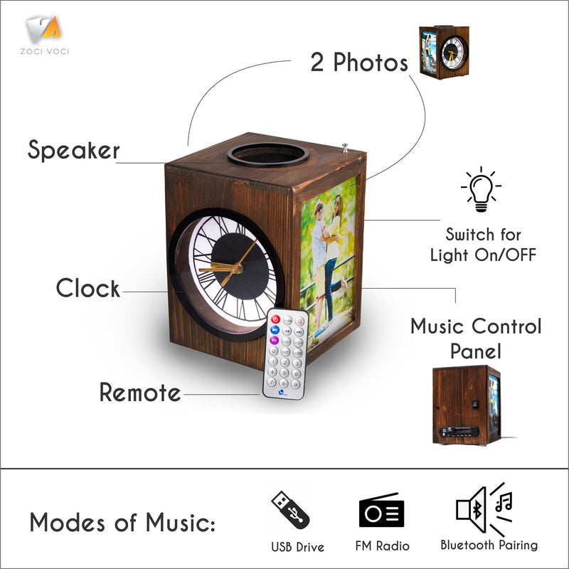 ZOCI VOCI Harmony | 2 Photos Table Lamp with BT Speaker, FM Radio, USB, microSD Card Slot, Music System with Remote Control & LED Clock | Home Decor Photo Lamp | Raw Wooden Finish