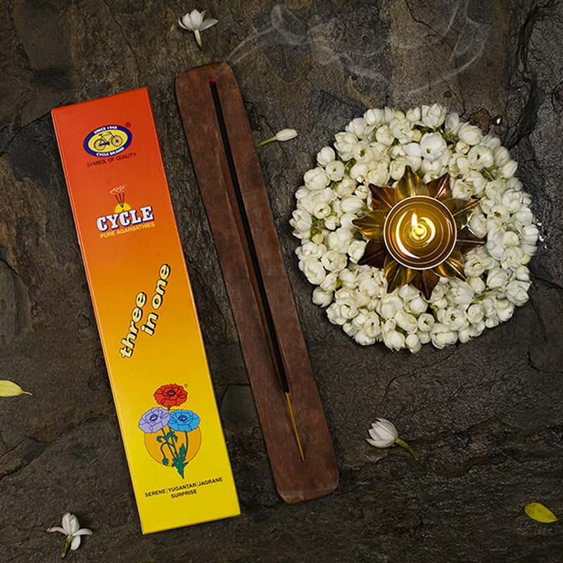 Cycle Pure Agarbatti Three in One Incense Sticks || Pack of 3 (202gm per Pack) || 3 Signature Fragrances Floral, Woody, Lily I Natural Fragrance for Puja, Meditation, Refreshing Ambience