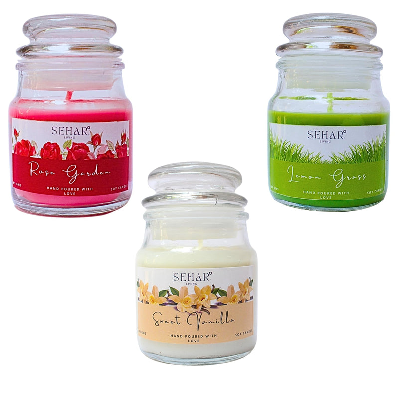 Sehar Living Fragrance Jar Candles Christmas Combo | 85 GMS Each | Pure Soy Wax | Burn Time - 18-20 Hours Each | Reusable Glass Jar | Hand Poured (Rose Garden, Sweet Vanilla & Lemongrass)