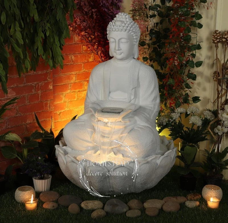 TENDENCE DECOR Garden Fountain with LED Light, Buddha Statue, Decorative Water Feature, Buddha Kamal Fountain 3 FEET FIBER (UNBREAKABLE)