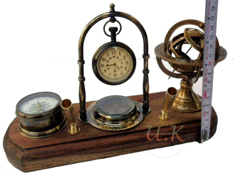 M.A & SONS Antique Brass Table top Clock with Pen Holder Compass and Armillary Sphere