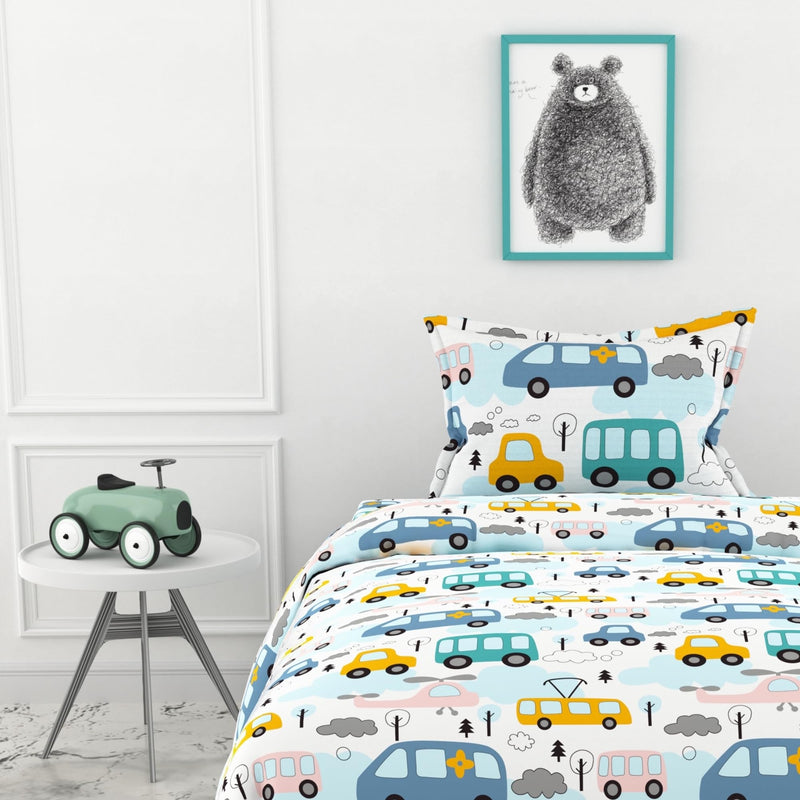 LORETO – A QUALITY LINEN BRAND 100% Cotton Bedsheet for Single Bed, 1 Single Bedsheet with 1 Pillow Cover | 144 TC Kids Single Bedsheet Cotton, Bubblegum Blue Bus & Banana Yellow Cars