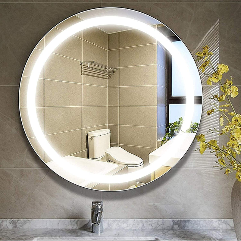 VENETIAN IMAGE 30 Inch Round Wall Mirror - Bathroom LED Lighting, Dimmable Vanity Mirror with PVC Frame, 4000K Plug-in/Hardwired Lighted Mirror for Bedroom & Living Room, CRI 80+ (76cm)