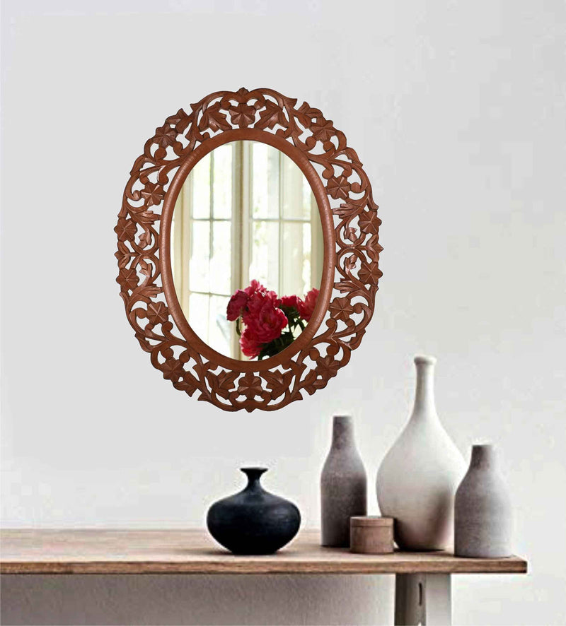 The Wood Rays Handcrafted Decorative Wooden Wall Mirror 20X24 (Beautiful Oval Shape Design) Natural