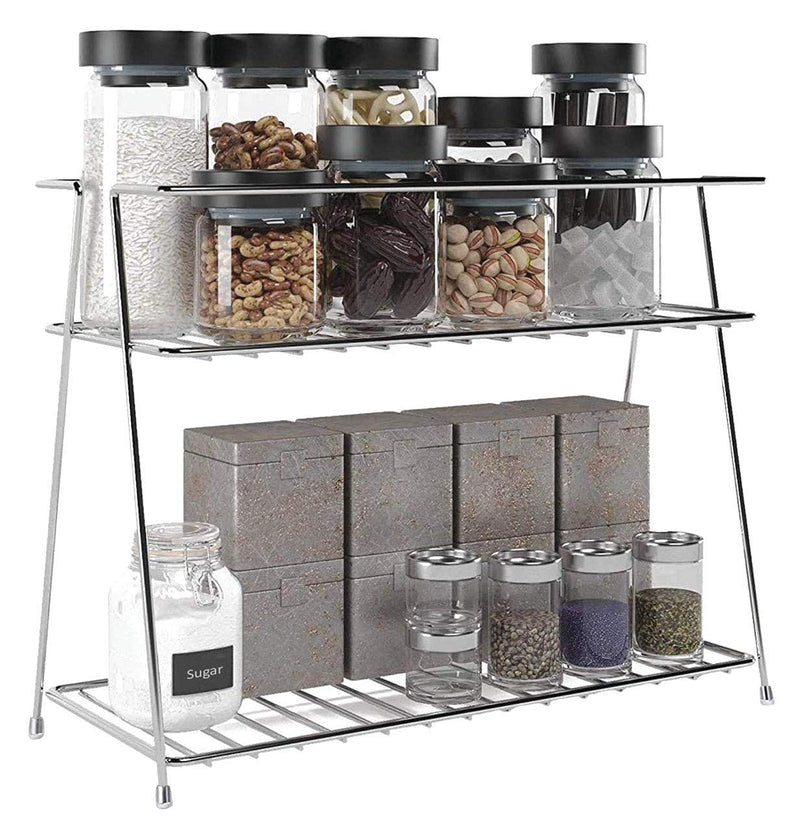 CR18 COLLECTION Multipurpose Spice Rack Stainless Steel 2 Layer Corner Storage Rack Shelf & Spice/Masala Boxes Container/Basket for Utensils-Dishes-Plates for Kitchen, Tiered Shelf