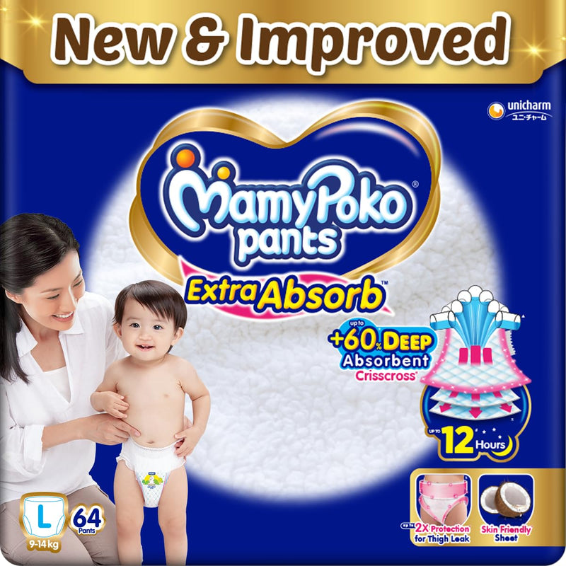 MamyPoko Pants Extra Absorb Baby Diapers, Large (L), 64 Count, 9-14kg