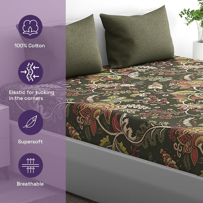 100% Cotton 152 TC Fitted Bedsheet with 2 Pillow Covers | Chintz Queen, 78" x 60", Chintz| 1.98m x 1.52m