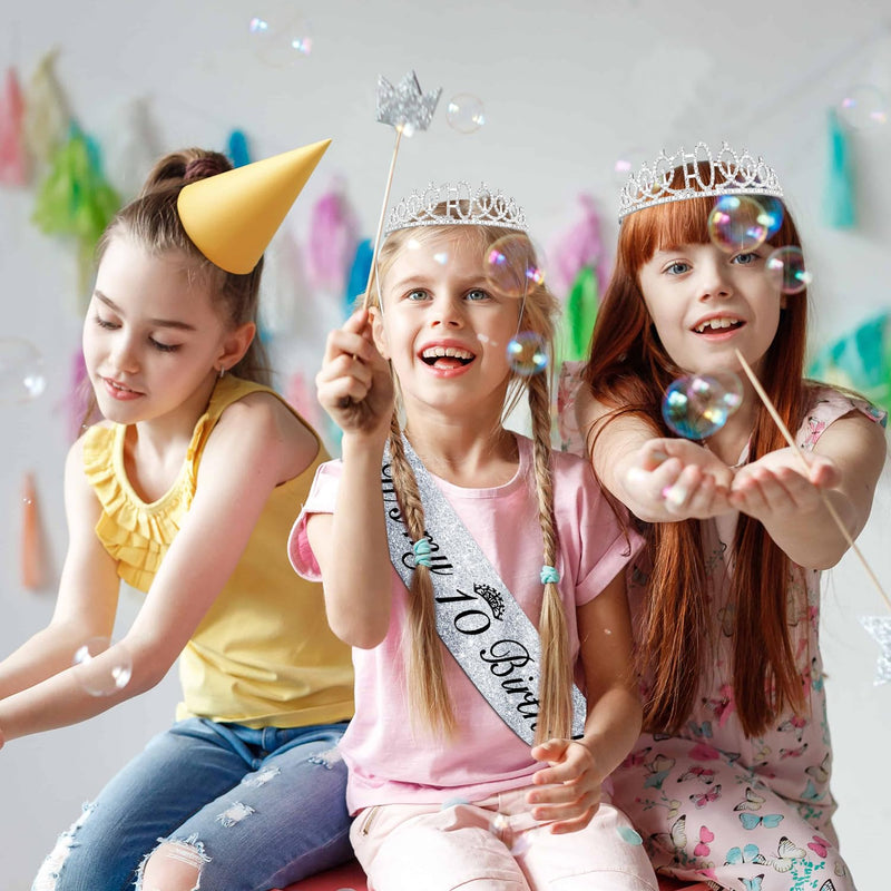 10th Birthday Decorations for Girl with 10th Birthday Sash and Tiara, 10th Birthday Cake Topper, Number 10 Candles, and 10 Number Balloons, 10 Birthday Party Decorations Gifts Silver