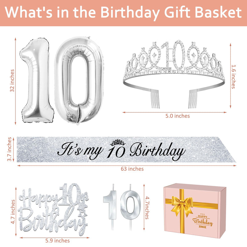 10th Birthday Decorations for Girl with 10th Birthday Sash and Tiara, 10th Birthday Cake Topper, Number 10 Candles, and 10 Number Balloons, 10 Birthday Party Decorations Gifts Silver