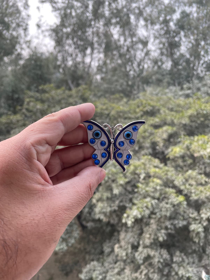 BLUE BEADS Silver Butterfly Turkish Evil Eye Fridge Refrigerator Sticker Magnet - Sign of Good Luck & Protection Unique Souvenir Items Home and Office Decorative Things & Car Accessories