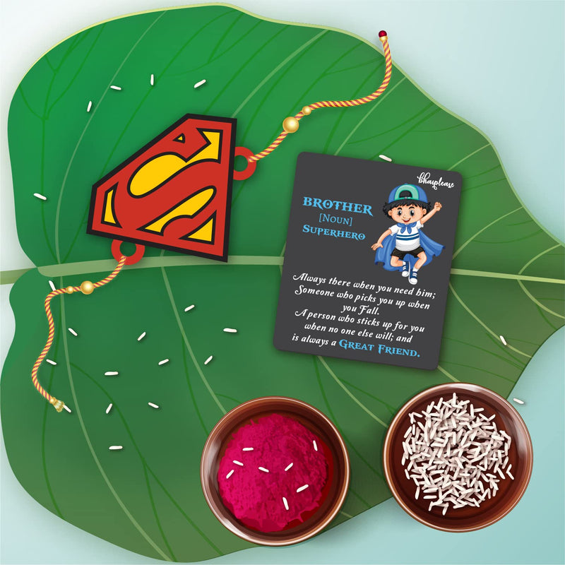 Bhai Please Superman Wooden Rakhi with Brother is Superhero Fridge Magnet (Gift Combo for Bhai/Bhaiya) | Set of 1 pc Rakhi with Roli- Chawal and Fridge Magnet | With Raksha Bandhan Greetings