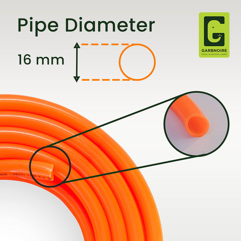 garbnoire 10 Meter 16 Mm Pvc Orange Water Pipe|Lightweight,Durable&Flexible|Hose With Accessories Like Hose Connector&Clamps|Watering Garden,Plants,Cleaning,Outdoor-Indoor Use(10 Meter(32.8 Feet))