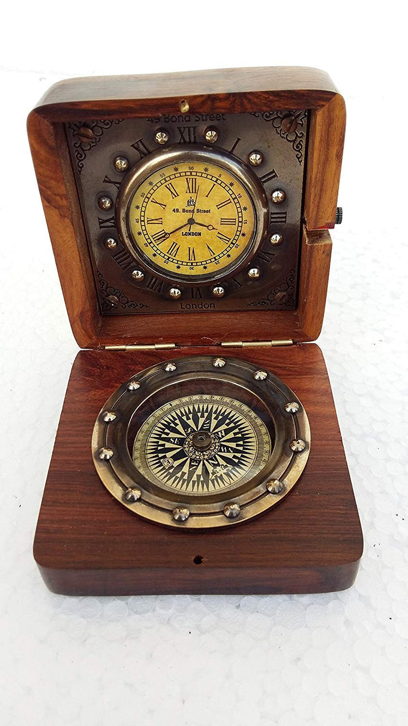 Marine Art Replicas Authentic Clock Compass in Rose Wood Box, Vintage Gift…