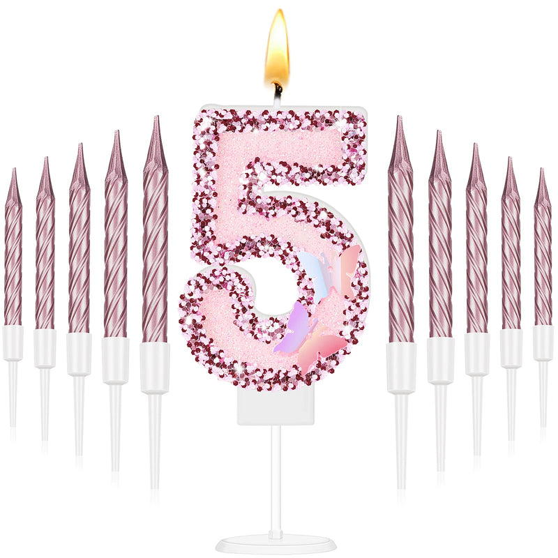 2.75" Large Pink Glitter 5th Year Happy Birthday Candles Girls Number Candles for Birthday Cakes Sequin Numeral Princess Candles Number Birthday Cake Topper with 10 Long Thin Cupcake Candle for Party