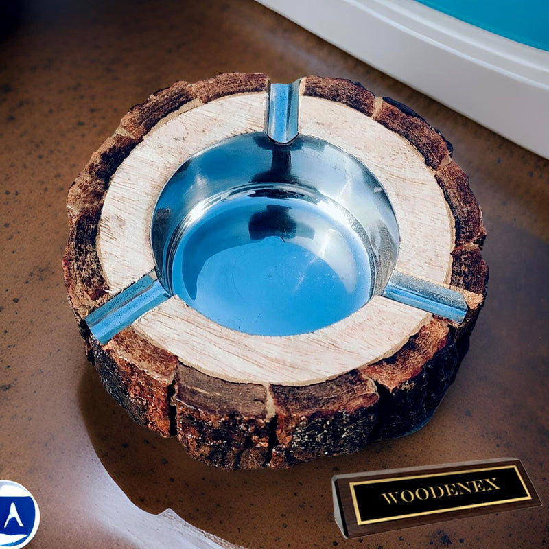 Woodenex Rustic Tree Bark Natural Wood Ashtray with Steel cup inside, Handcrafted Tree Trunk Decorative Ash tray, Dark Brown, Wooden Bark Natural Antique Ash catcher