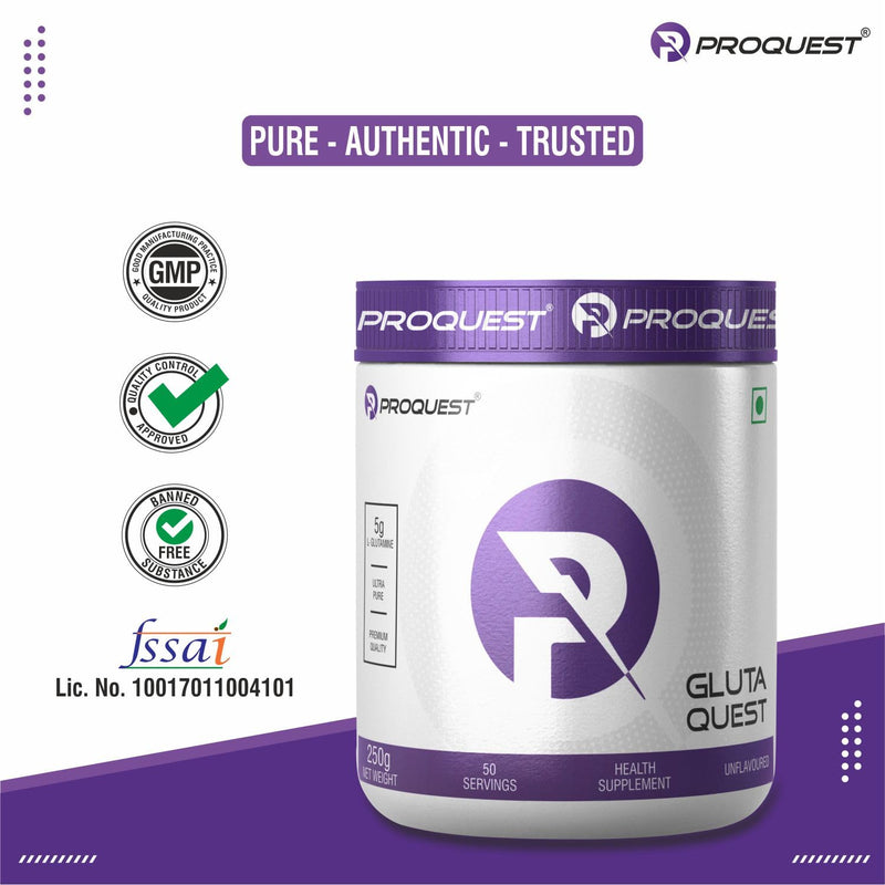 PROQUEST Gluta Quest - Pure Micronized Grade L-Glutamine 5000mg | Proteogenic Amino Acid for Faster Recovery | Increase Muscle Strength & Endurance |Unflavoured (250G, 50 Servings)