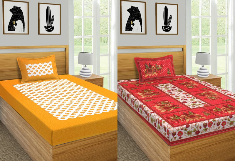 VNV Creation® Single Bed Cotton Fabric Rajasthani Jaipuri Printed Bedsheet Combo Pack 2 Bedsheet with 2 Pillow Cover-(Barfi-Yellow+Gangor-Red)