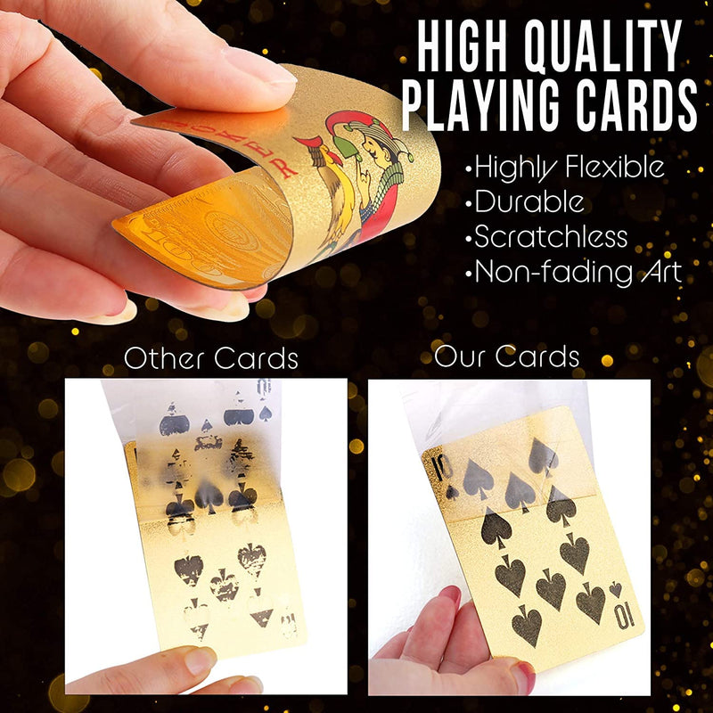 India Toy Gold Deck of Waterproof Cards, Flexible PVC Plastic Gold Playing Cards Premium Poker Cards Gold Waterproof Playing Cards Washable Flexible Use for Party Game (3 in 1, Gold- Black and Silver)