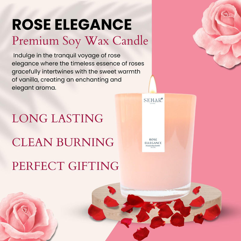 Sehar Living Enchanted Elegance Collection - Rose Elegance | 200 Gm | Pure Soy Wax | Burn Time - 40-50 Hours | Reusable Glass Jar | Long Lasting | Clean Burning | Rose & Vanilla | Hand Poured