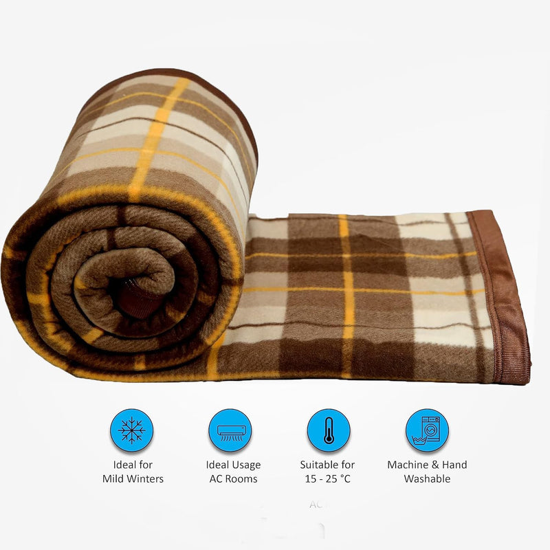 IVAZA Woolen Polar Fleece Blanket for Winters & AC Rooms with Satin Border | 250 GSM | Soft & Cozy | All Season Blanket for Double Bed Brown