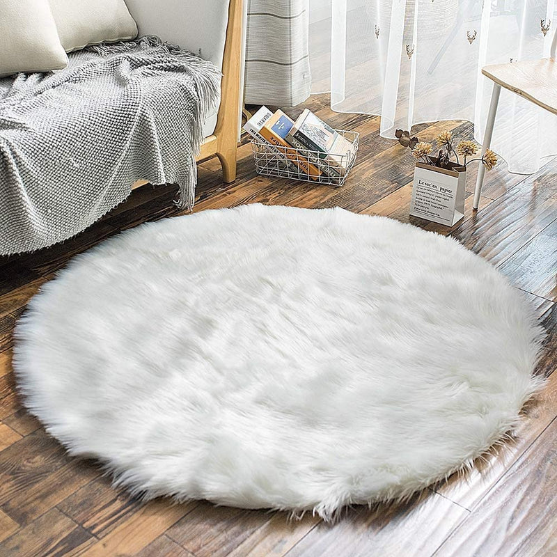 CottonFry Faux Sheepskin Fur Area Rugs Round Fur Throw Rug Floor Mat Circular Carpet for Bedroom Soft Circle Kids Play Mat (28x28, White Round)