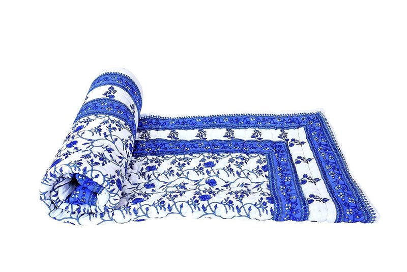 House of Karigar Rajasthani Handmade Floral Printed Soft Cotton Single Bed Razai/Rajai Reversible Jaipuri Quilts (Blue and White, Single Bed - 55x85 inches)