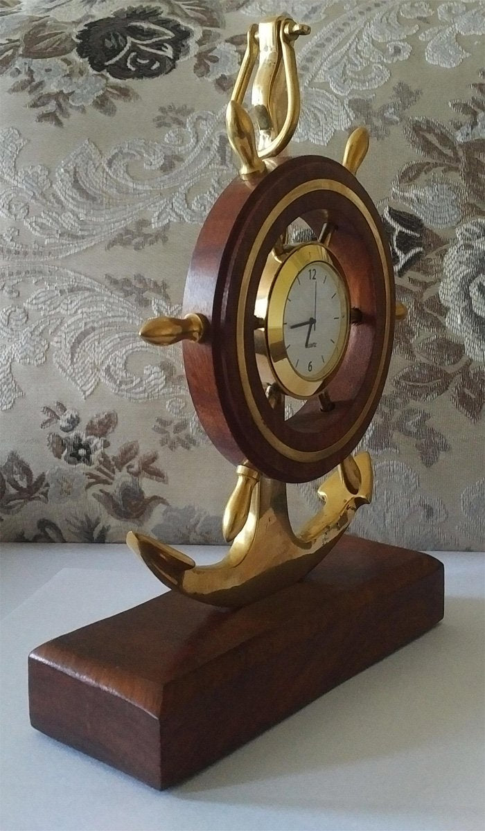 Antique Gifts Shipwheel Anchor Clock Brass Wooden Base Classic Table Top Excellent Gift Desktop Decor Utility Product