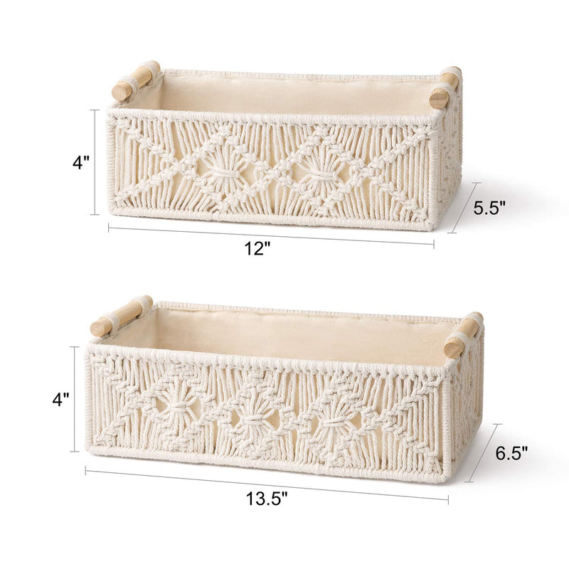 Kaahira Set Of 2 Luxurious Handwoven Boho Decor Macrame Rectangular Storage Basket Tray With Wooden Handle And Cotton Lining Countertop Cabin Organizer Home, Office And Events (Off-White)