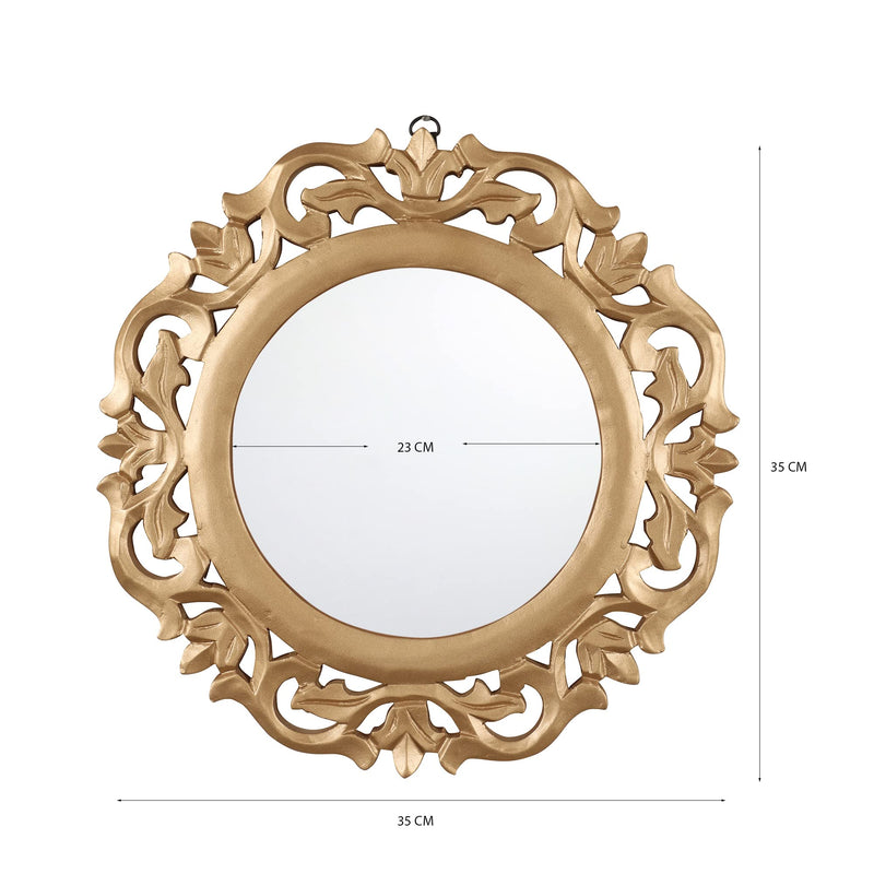 THE URBAN STORE Decorative & Hand Crafted Round Shape Wall Mount Wooden Mirror In Rich Gold Finish (Gold)