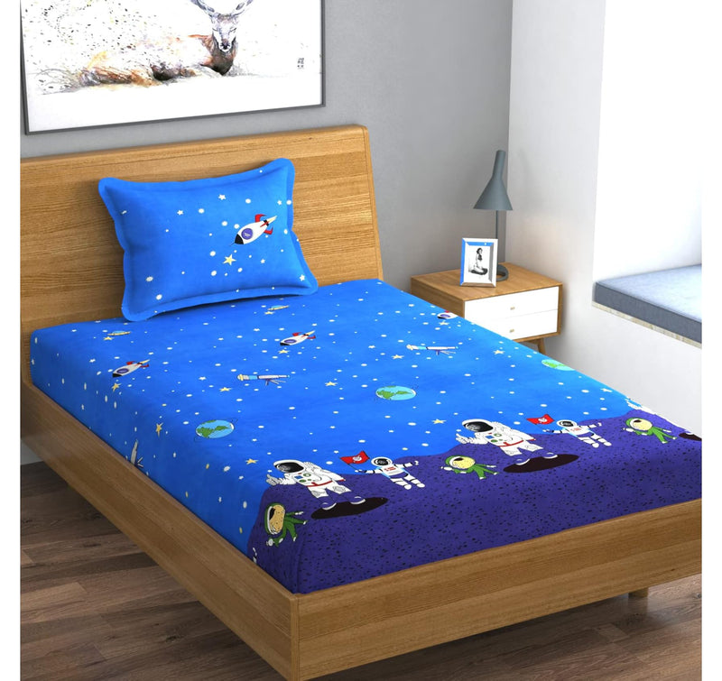 Tript Elastic Fitted Glace Cotton Single Bed (72x48 inches Upto 6 Inches) bedsheet with 1 Pillow Cover - 200TC ( 4Feet by 6 Feet)Astronaut