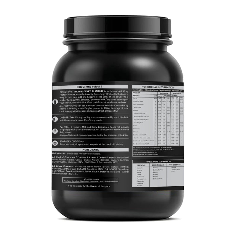 NAKPRO Platinum Whey Protein Isolate - JAR | 30.6g Protein, 7g BCAA | Easy Digesting Whey Protein Supplement Powder (1 Kg, Unflavoured)