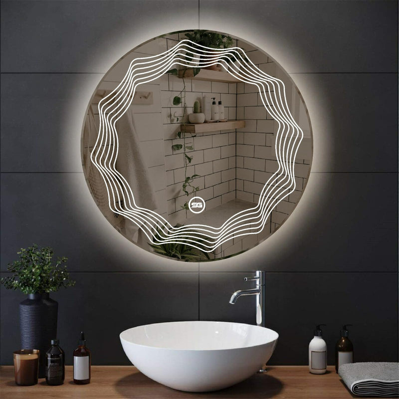 Spark Glass Round LED Sensor Mirror. (LedColour: White, Warm White, & Mix Light) - (Size:24x24 Inch)