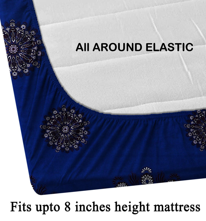 CRAFTS HUB Cotton Feel Glace Cotton All Around Elastic Fitted Printed King Size Double Bed Bedsheet With 2 Pillow Covers(72X78X8 Inch) Fits Upto Mattress Of 8 Inches | Blue (827Fitted-Blue), 180 TC