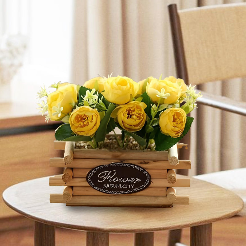 The Better Home Artificial 10 Headed Yellow Roses Flowers in Wooden Pot | 16 cm Long | Room, Office Desk, Dining Table Decor Item | Aesthetic Home Decor