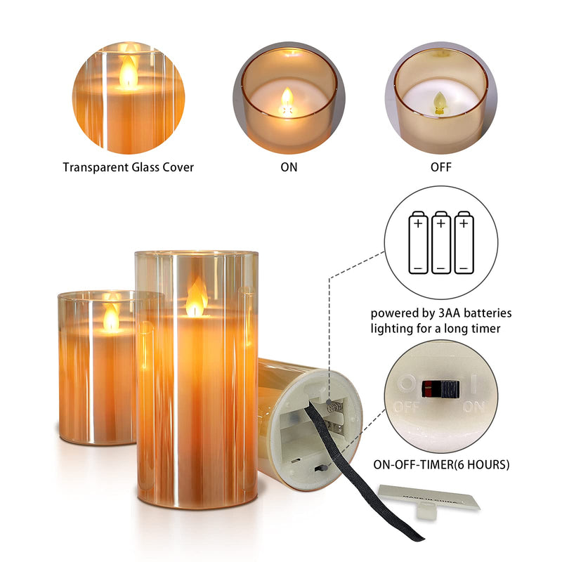 Silverstro Glass Flameless Candles with Remote, Moving Amber Flame Gold Electroplated LED Candles, Battery Operated Candles for Christmas Party Bubble Bath Home Decor, Set of 3