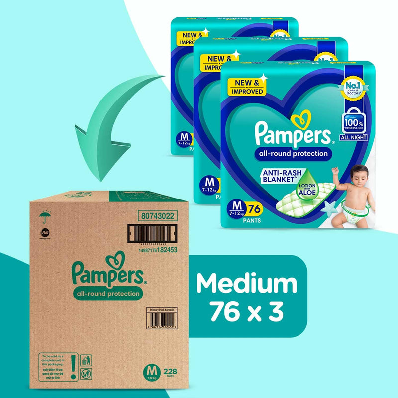 Pampers All round Protection Pants Style Baby Diapers, Medium (M) Size, 228 Count, Anti Rash Blanket, Lotion with Aloe Vera, 7-12kg Diapers