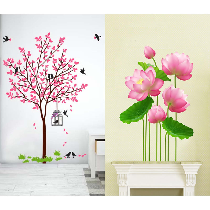 MERICAL Set of 2 Wall Stickers Pink Tree with Bird and Nest | Lotus Flowers for Home, Hall, Bedroom, Livingroom & Kitchen