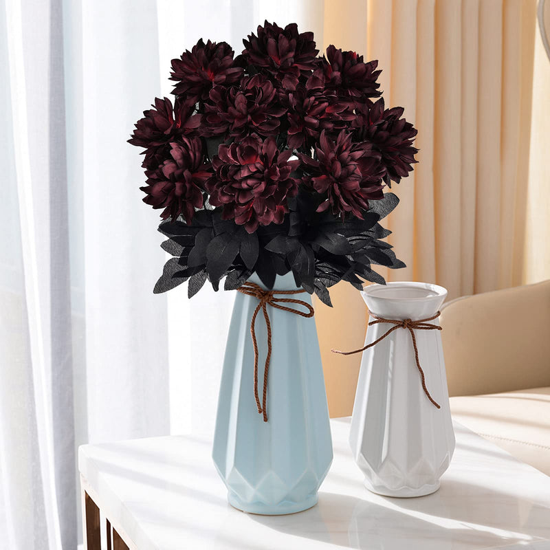 Artflower 10 Pack Artificial Silk Dahlia Bouquet Fake Flower Floral Arrangements Wedding Bridal Bouquet for Halloween Harvest Festival Table Centerpieces Home Decor, Wine Red, 16”